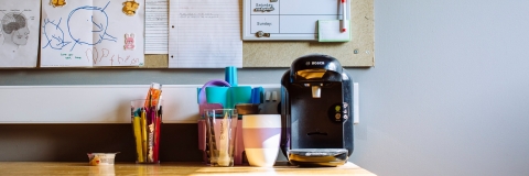 Student desk with coffee maker