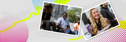 Collage of Portsmouth students in sun and holding a prospectus