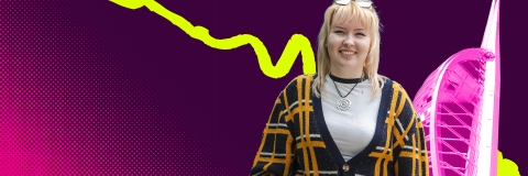Female undergraduate student with Spinnaker Tower graphic