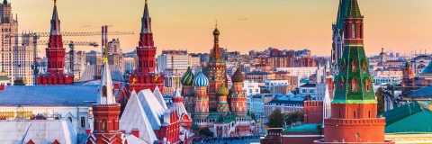 Russian city skyline at dusk