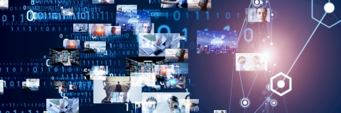 A collage of computer themed images over binary numbers