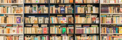 colourful book shelves in a library