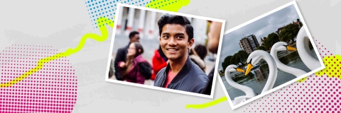 Smiling student in Portsmouth, and pedalos on lake. 
