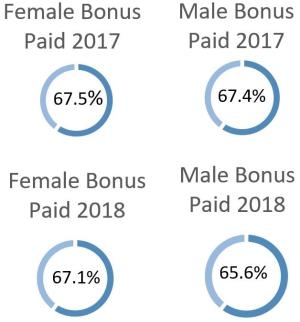 Pie charts showing the proportion of male and female colleagues receiving a bonus across 2017 and 2018