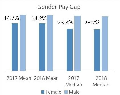 Bar chart showing the University's mean and median gender pay gap over 2017 and 2018 