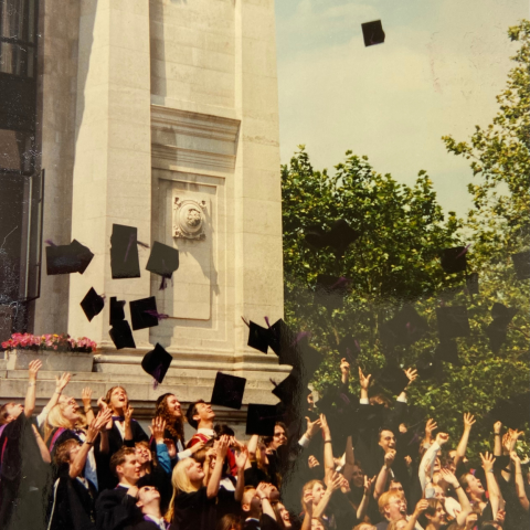 Class of 1996 graduation celebrations on the steps of Portsmouth Guildhall