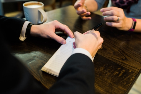 Journalism student taking notes in shorthand