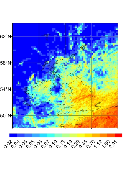A map of lightning flash density per kilometre squared per year using one of the datasets, which shows where the greatest density of lightning events is in the UK. 
