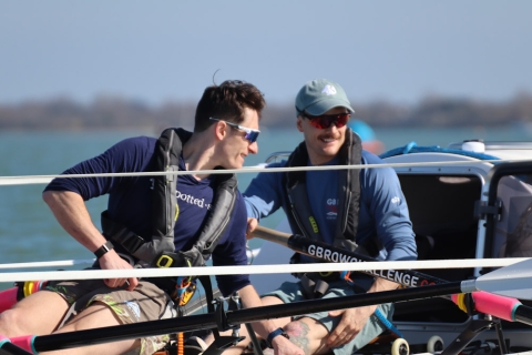 Two rowers on an ocean rowing boat