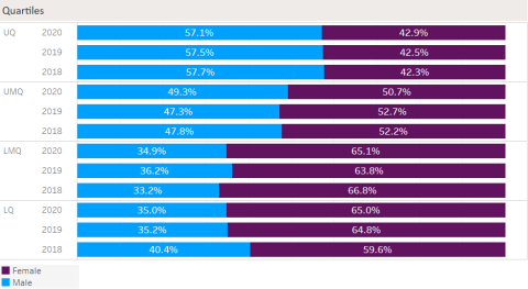 Proportion of male and female colleagues in each pay quartile in a bar chart