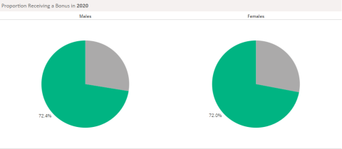 Pie charts showing that 72.0% of females received a bonus and 72.4% of males received a bonus.
