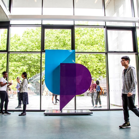 University logo sculpture in The Hub, Dennis Sciama, Portsmouth