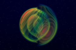 A still image from a numerical simulation of a black-hole binary merger