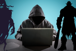 Person in a black hooded jacket over a laptop with mythical creatures surround them